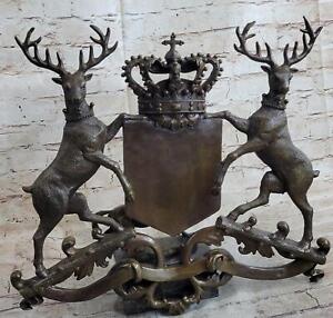 Coat of Arms Family Crest Stags & Crown Bronze Metal Wall Hanging Plaque Decor