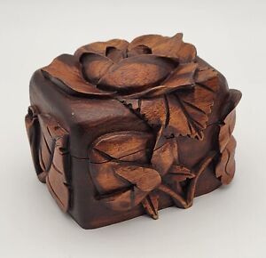 Small Hand Carved Wooden Box Floral Keepsake Trinket Hinged Lid Honduras