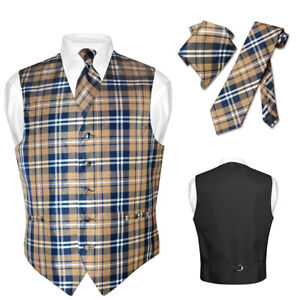 Men's Plaid Design Dress Vest NeckTie Navy BROWN White Neck Tie Hanky Suit Tux
