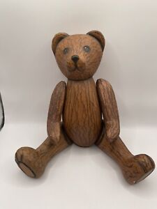 Vintage Wooden Hand Carved Teddy Bear Jointed Moveable Limbs 11.5”