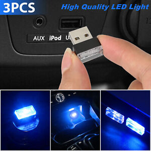 3x Mini Blue LED USB Car Interior Light Neon Atmosphere Ambient Lamp Accessories