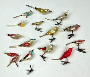 Lot Of 15 Blown Mercury Glass Clip On Bird Christmas Ornaments Spun Tails VTG