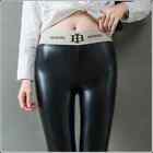 Women Black PU Leather Pants Mid Waist Stretch Slim Skinny Tight Fleece Trousers