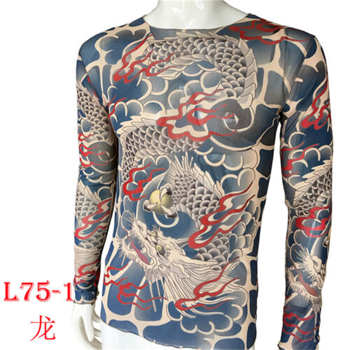 Tattoo Dragon Long Sleeve T-Shirt Men Elastic Suitable Sport Fitness Adjustable