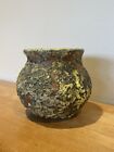 BAER Studio Art Pottery Vase, Artist Signed 5.5”, Rough Exterior, Yellow & Brown