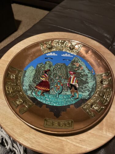 Peru Souvenir Wall Plate in Hammered Copper & Brass Hand Painted BEAUTIFUL😍