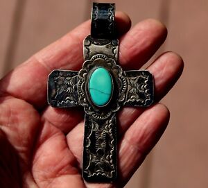 Large Old Pawn Navajo Handmade Sterling Silver & Turquoise CROSS Pendant SIGNED