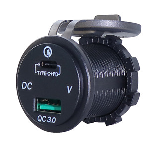 Panel Mount USB-QC3.0 Type-C Power Delivery with Blue LED DVM. 12/24 VDC Input