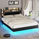 Queen Floating Bed Frame with LED Light, Upholstered Platform Bed with Bookcase