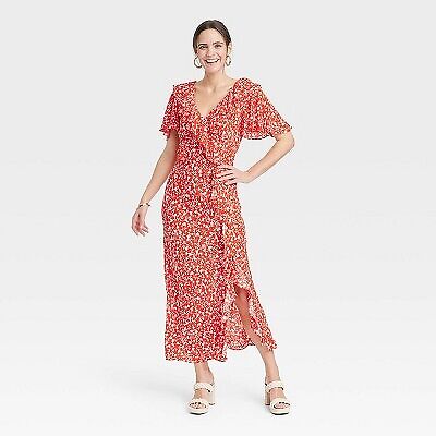Women's Ruffle Short Sleeve Maxi Dress - A New Day Red Floral M