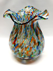Multi Colored Confetti / Tutti Frutti Ruffled Edge Art Vase Hand Blown EUC