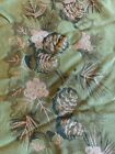 Vintage MCM Christmas Tablecloth Fringe Trim Green with Gold Pinecones Holly 58”