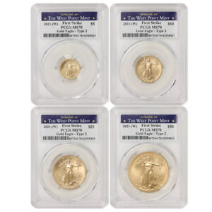 Set of 4 2021-(W) Gold Eagles Type 2 PCGS MS70 First Strike WP Label FS Eagle T2