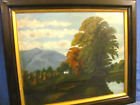 Antique Oil Painting Vermont Farm & Hay Harvest by Giant Tree & Mountain
