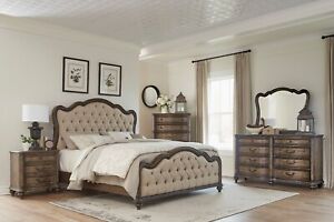 Traditional 5pc King Bedroom Set Bed Nightstands Dresser Mirror Vintage Brown