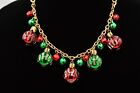 Christmas Necklace Collar Jingle Bells Glass Ornaments Red Green Dangle BinT
