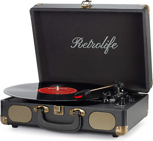 Vinyl Record Player 3-Speed Bluetooth Suitcase Portable Belt-Driven Black