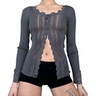 y2k Vintage Women Long Sleeve T-Shirts Lace Patchwork Button-Down Rib Knit Shirt