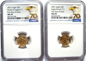 2021 $5 American Gold Eagle Type1 & Type 2  1/10 oz NGC MS70 First Day Of Issue