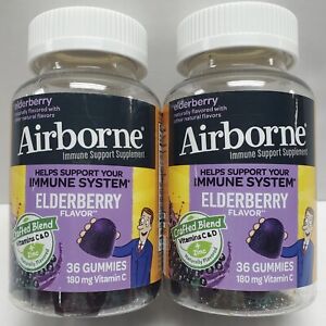 2 PK Airborne Elderberry Immune Support Gummy Vit C, D & Zinc 36Gummies EXP 3/24