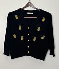 Belle Poque Black Cropped 3/4 Sleeve Embroidered Pineapple Cardigan XL