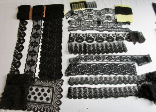 Lg Lot Antique French Victorian Black Bobbin Lace Trim,  Sewing, Dolls