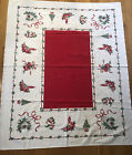 Vtg Printed Christmas 48x60 Tablecloth Ornaments Holly Trees Lights Bells Red