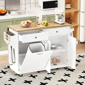Rolling Kitchen Island with Drop Leaf - Trash Cabinet, Movable Carts with Drawer