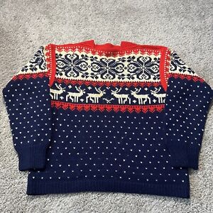 Norse Knit Wool Vintage Sweater Reindeer Red Fair Isle Norway Viking Ski Size L
