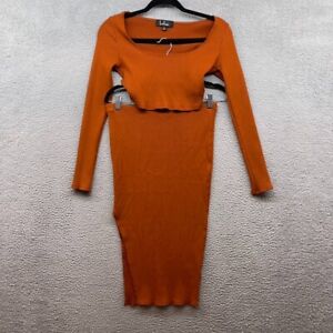 Lulus Women 2-Piece Set Orange Rib Long Sleeve Scoop Neck Bandage Skirt Size L