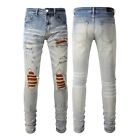 Men's Ripped Pleated Patches Sanding Skinny fit Frayed Stretch Denim Retro Jeans