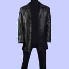 Men Leather Black Trench Coat Stylish Long Slim Fit Festive Christmas Wear