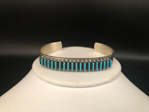 Old Pawn Zuni R.R. Lastyono Sterling Silver Turquoise Petit Point Cuff Bracelet