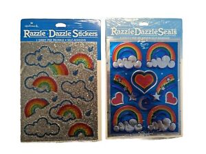 Rare Lot 2 Vtg 80s Hallmark Rainbow Razzle Dazzle Foil & Glitter Stickers Seals