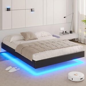 Floating Queen Bed Frame with LED Lights, Modern Upholstered Platform Bed Frame