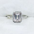 10k White Gold Emerald Cut Quartz & Diamond Halo Engagement Wedding Ring Size 7