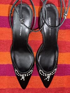 DKNY Made In Italy Black Satin Rhinestone Bow wrap ankle Strap kitten heels 9.5