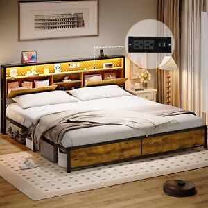 King Size Bed Frame with LED Lights, Metal Platform Bed with Charging Station