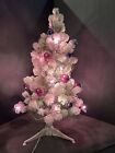 Vintage White Flocked Bottle Brush Christmas Tree 22”  PURPLE Flower Light Italy