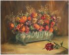 Beautiful Antique Oil Painting Floral Still Life Red Roses in Planter D. Schepps