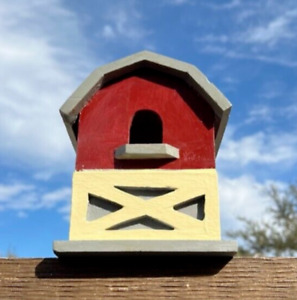BARN style BIRD HOUSE ~ Red with Gray Roof Wooden Bird House