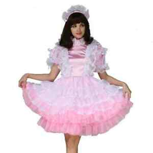 Girl Sissy Maid Lockable Pink Satin Organza Dress cosplay Costume Tailor-made