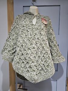 NWT Knit Poncho with Hood-Olive Green/Gray/White - One size-Made in Portugal