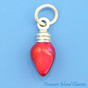 Red Enamel Christmas Light Bulb 3D 925 Solid Sterling Silver Charm 11mm