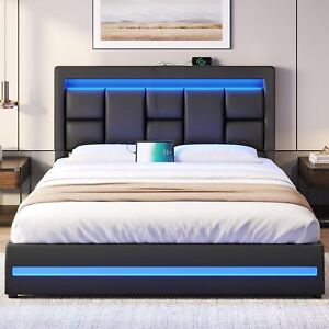 Full/Queen LED Bed Frame with Headboard Upholstered Platform Lift Up Storage Bed