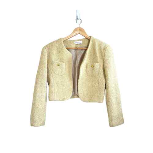 VINTAGE Women’s Beige Cream Cropped Tweed Blazer Jacket Size Medium Preppy Glam