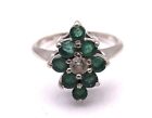 Famor 14k White Gold Round Emerald Cluster Solitaire Diamond Accent Ring Sz 5.5