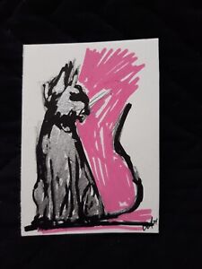 New ListingACEO Mixed Media Drawing Cat Pink Background Abstract Artwork Miniature