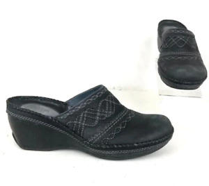 Clarks Women's Size 8M Artisan Grey Black Leather Stitched Round Toe Wedge Mules
