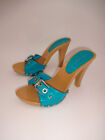 Womens Tan Blue Patent Leather Delicious Heels 7-1/2 7.5 Buckles Shoes